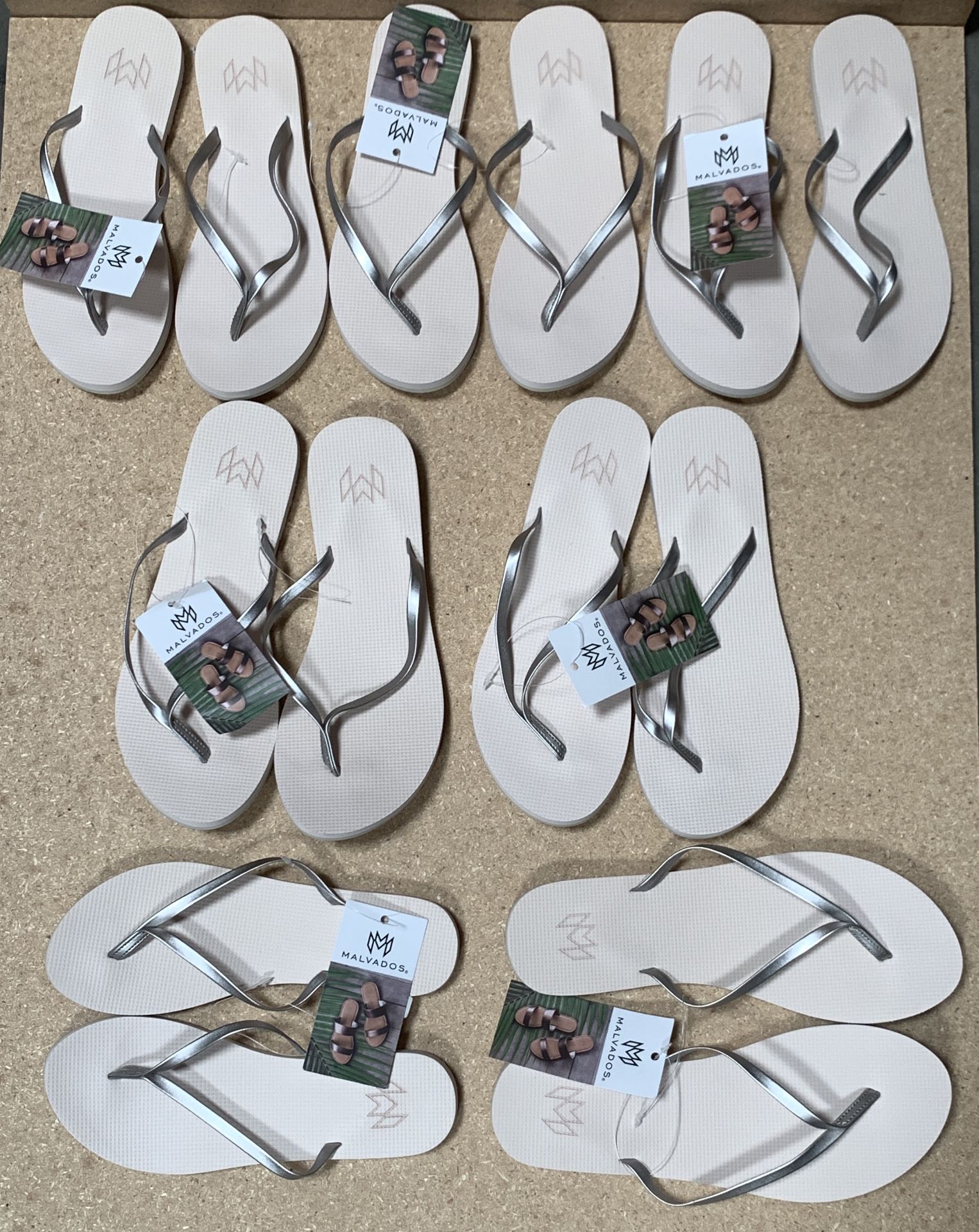 7 Pairs Malvados Flip Flop Sandals, New with Tags, Various Sizes, Lux Wicked (Retail Value $266)