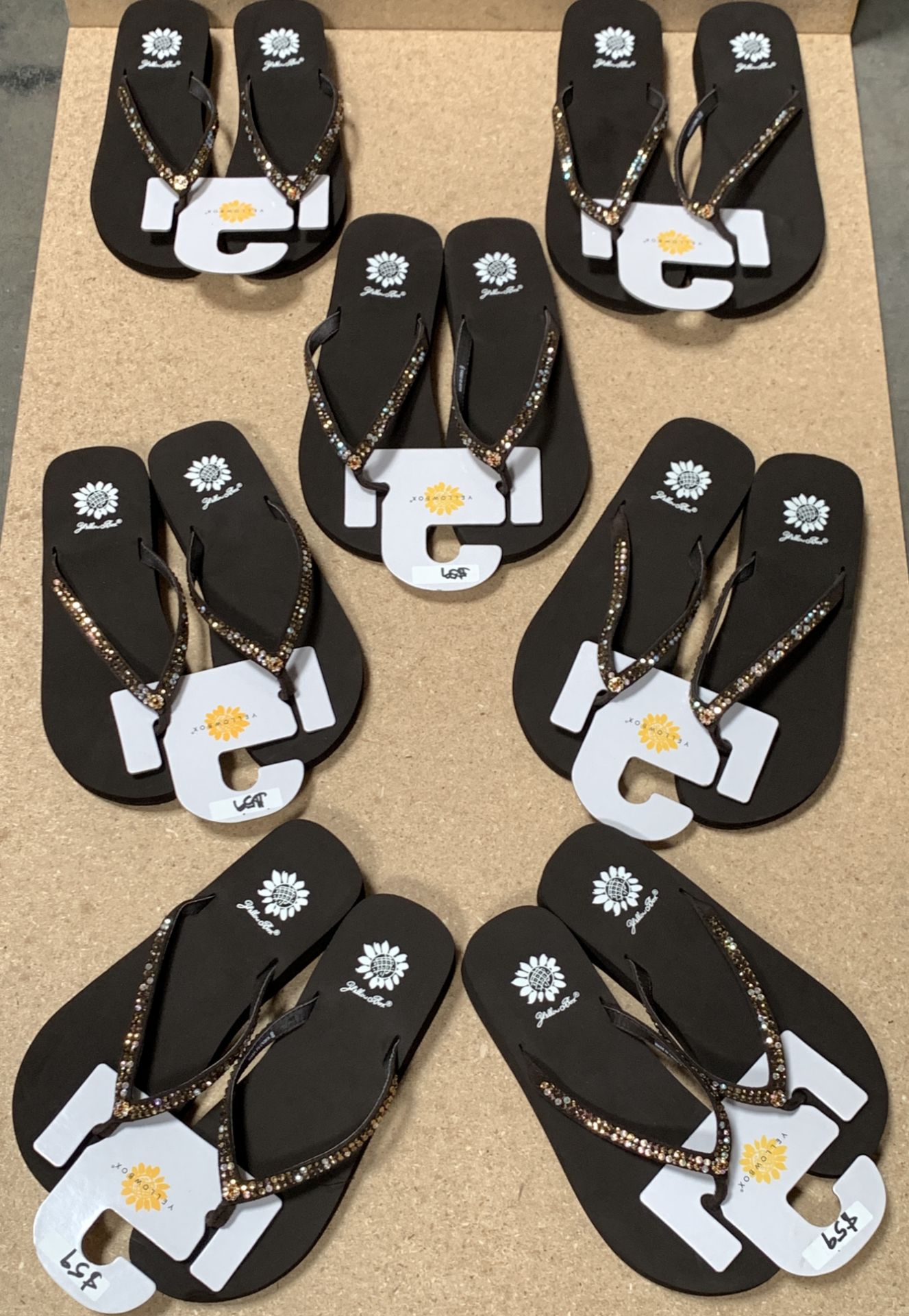 7 Pairs Yellow Box Flip Flop Sandals, Brown w. Crystals, New w. Tags, Various Sizes (Retail $413) - Image 2 of 4