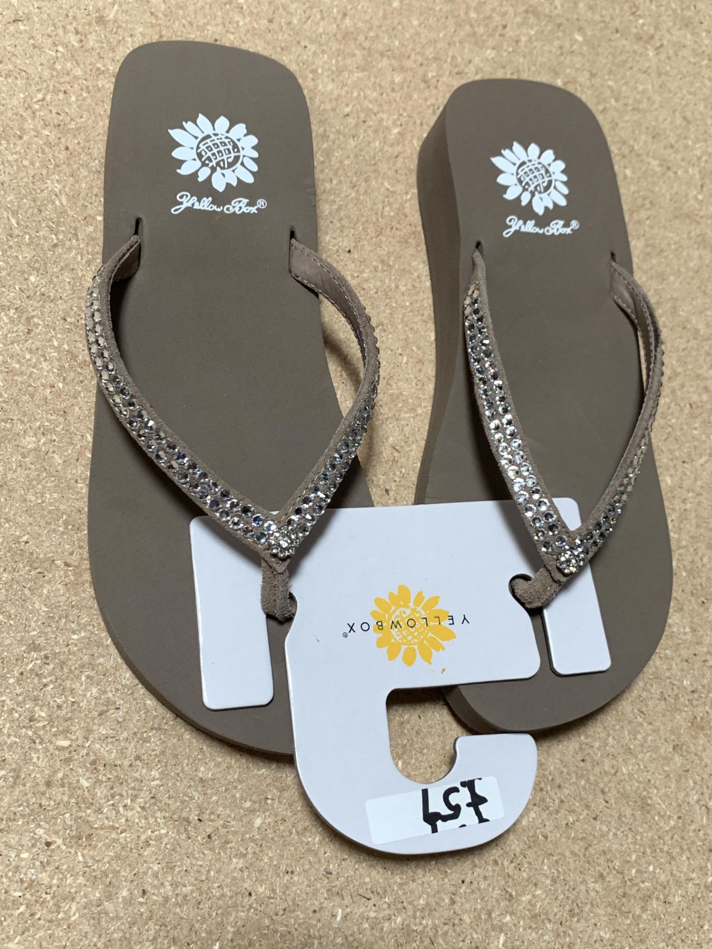 8 Pairs Yellow Box Flip Flop Sandals, Tan with Crystals, New w. Tags, Various Sizes (Retail $472) - Image 3 of 4