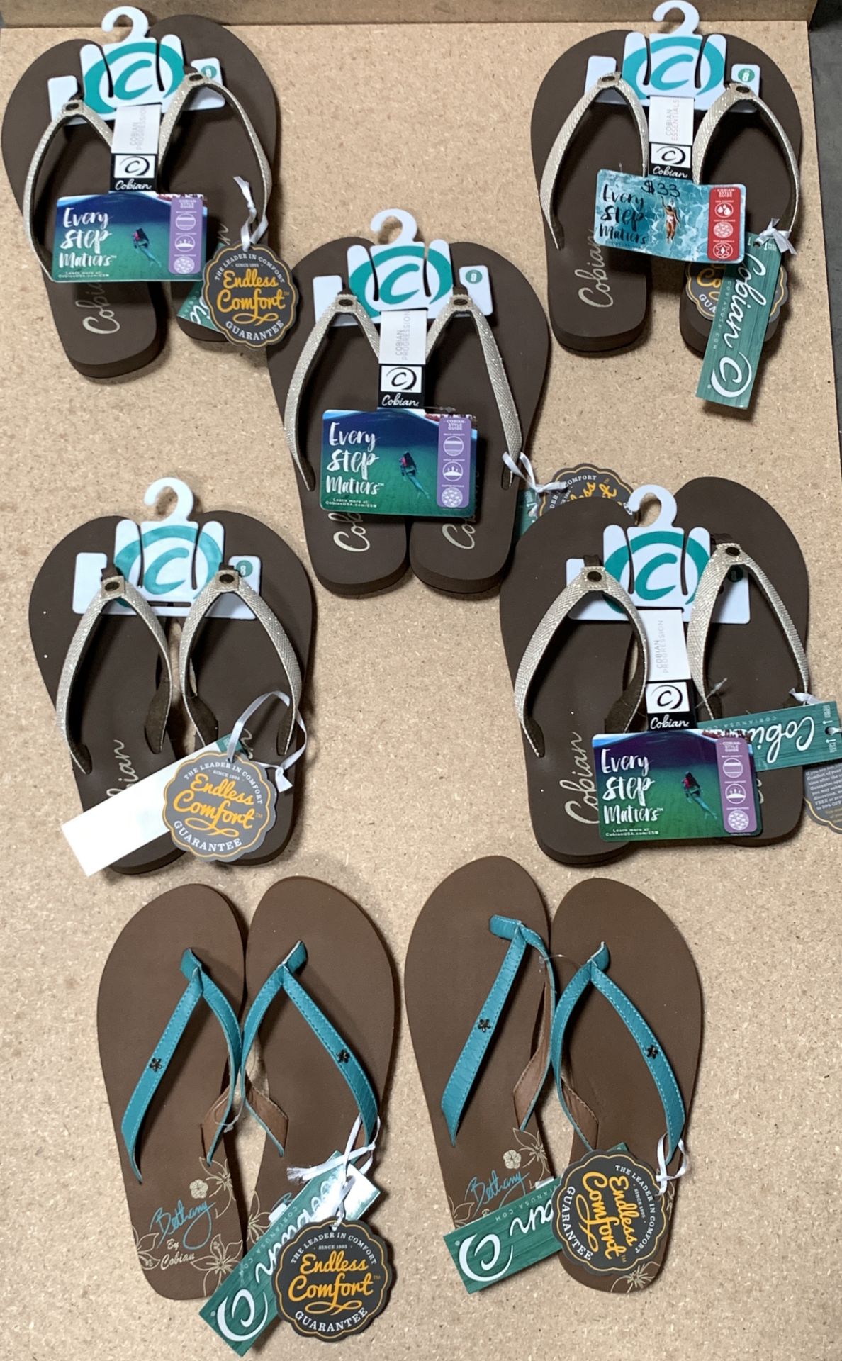 7 Pairs Cobian Flip Flop Sandals, New w. Tags, Various Styles and Sizes (Retail $251)