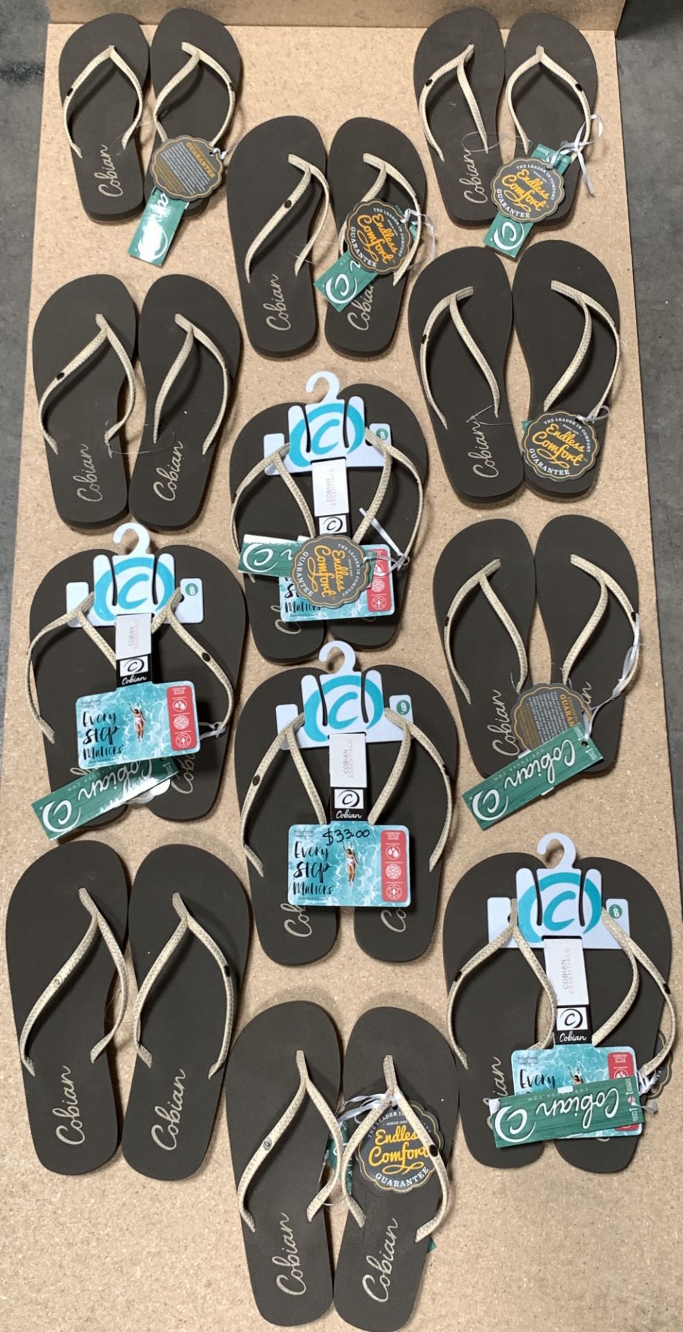 12 Pairs Cobian Flip Flop Sandals, Nias Bounce Blush, New w. Tags, Various Sizes (Retail $396)