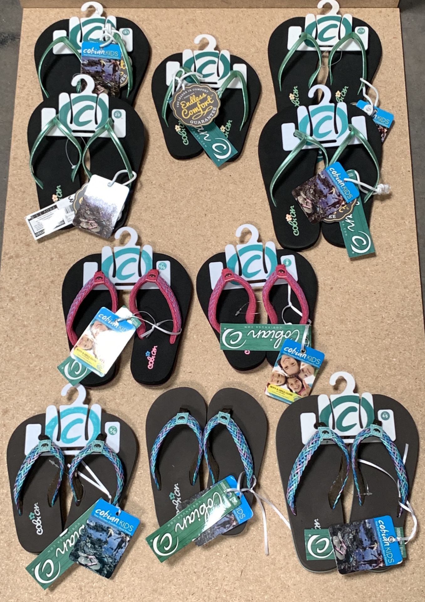 10 Pairs Cobian Kids Flip Flop Sandals, Lil Shimmer &Lil Lalati, New, Various Sizes (Retail $240)