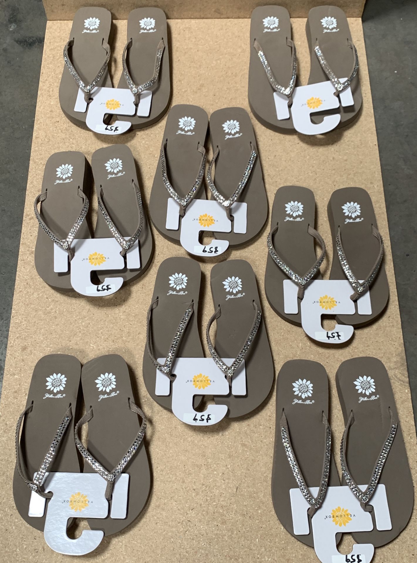 8 Pairs Yellow Box Flip Flop Sandals, Tan with Crystals, New w. Tags, Various Sizes (Retail $472) - Image 2 of 4