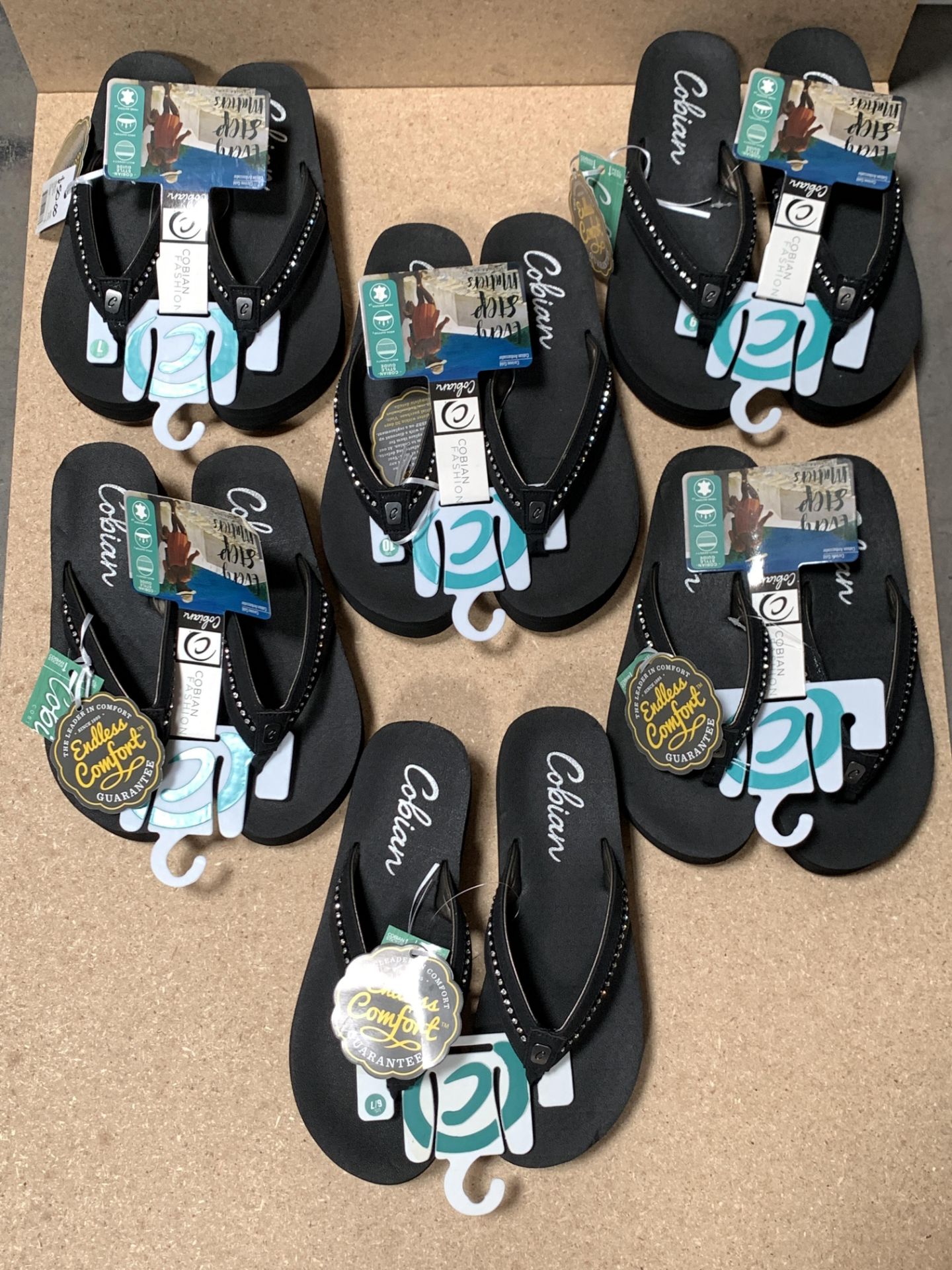 6 Pairs Cobian Flip Flop Sandals, Tiffany w. Crystals, New w. Tags, Various Sizes (Retail $300)