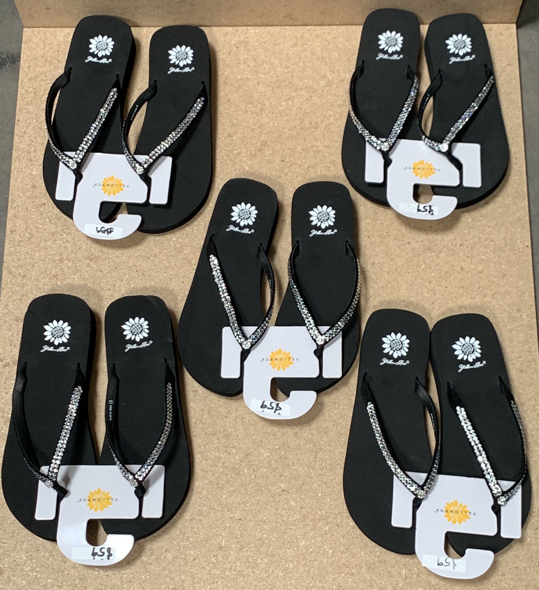 5 Pairs Yellow Box Flip Flop Sandals, Jello, Black w. Crystals, NWT, Various Sizes (Retail $295)