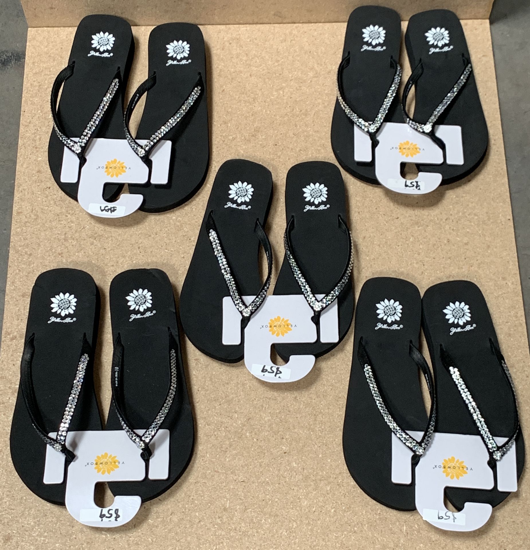 5 Pairs Yellow Box Flip Flop Sandals, Jello, Black w. Crystals, NWT, Various Sizes (Retail $295) - Image 2 of 4