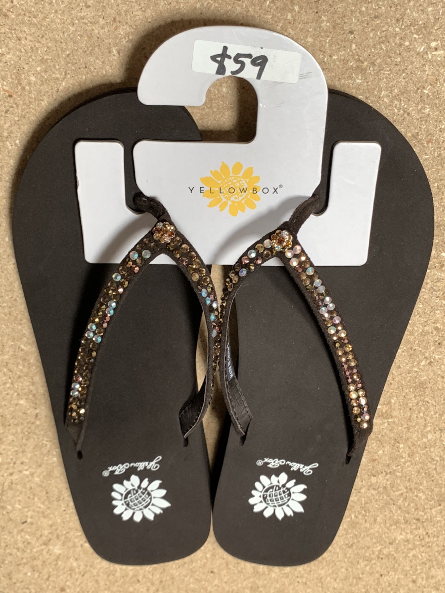 7 Pairs Yellow Box Flip Flop Sandals, Brown w. Crystals, New w. Tags, Various Sizes (Retail $413) - Image 3 of 4