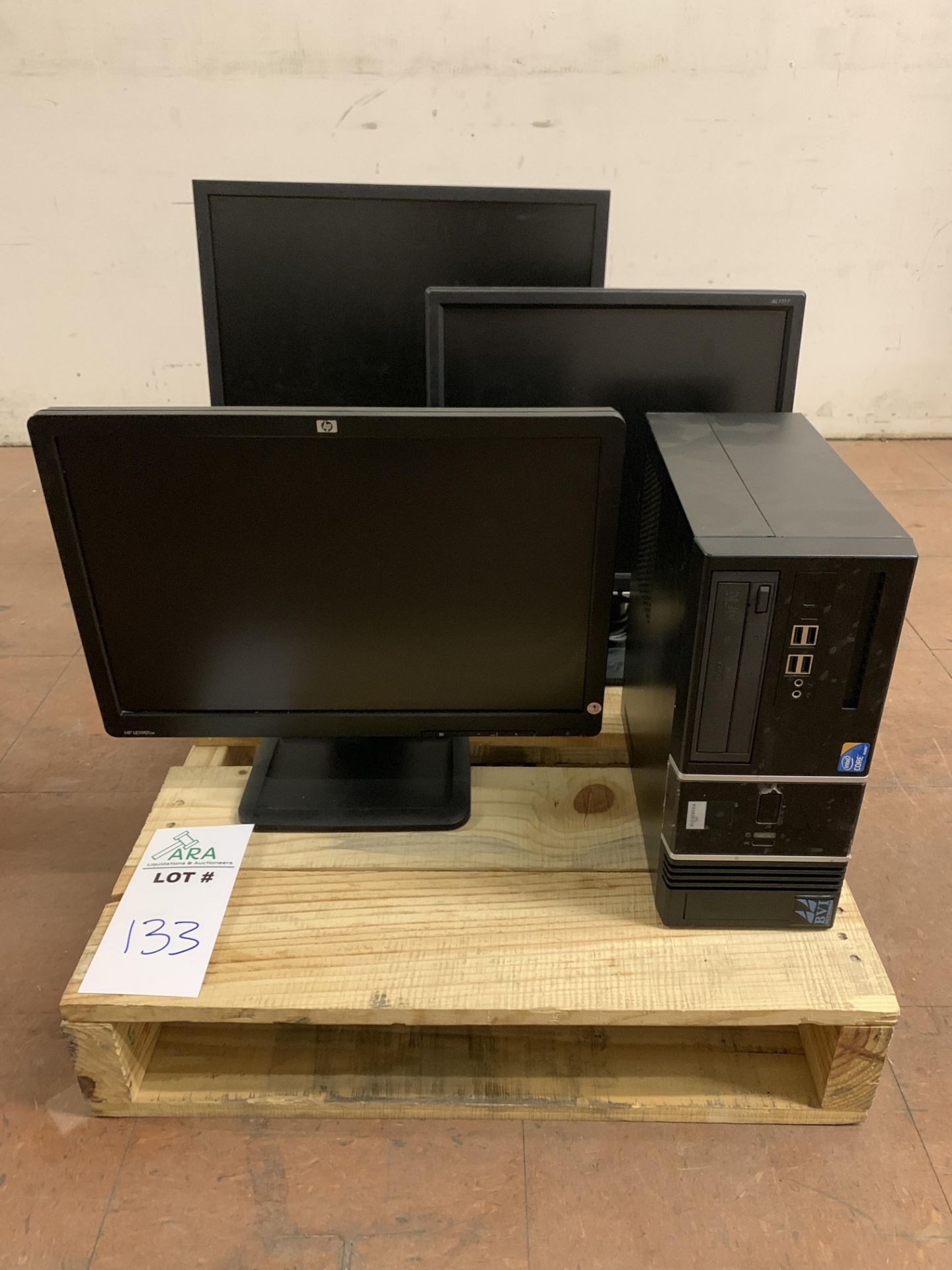 3 MONITORS AND BVI COMPUTER TOWERINCLUDING HP LE1901W, ACER AL1717, DELL MONITOR, AND BVI I3 INTEL