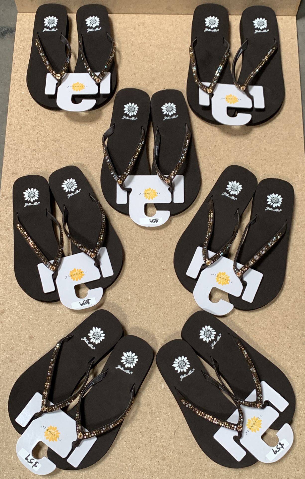 7 Pairs Yellow Box Flip Flop Sandals, Brown w. Crystals, New w. Tags, Various Sizes (Retail $413)