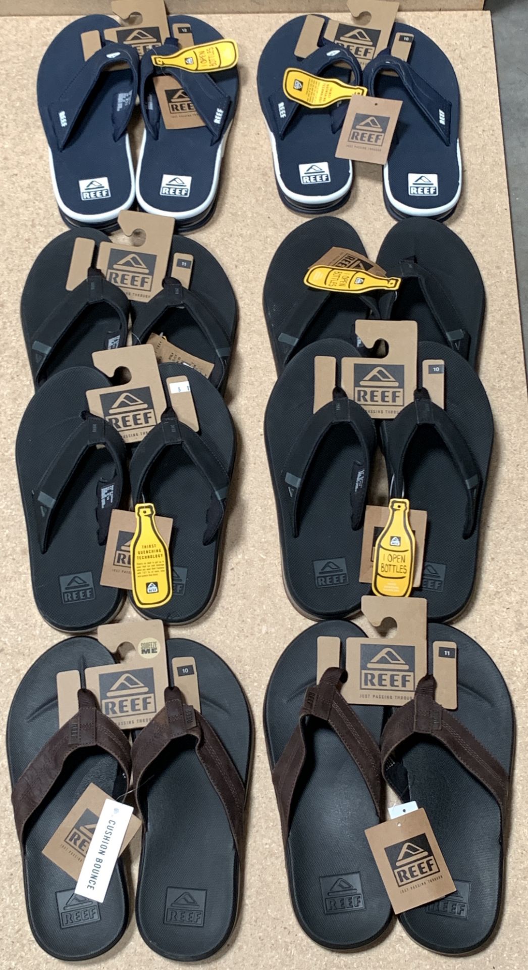 8 Pairs REEF Flip Flop Sandals, New w. Tags, Various Styles and Sizes (Retail $500)