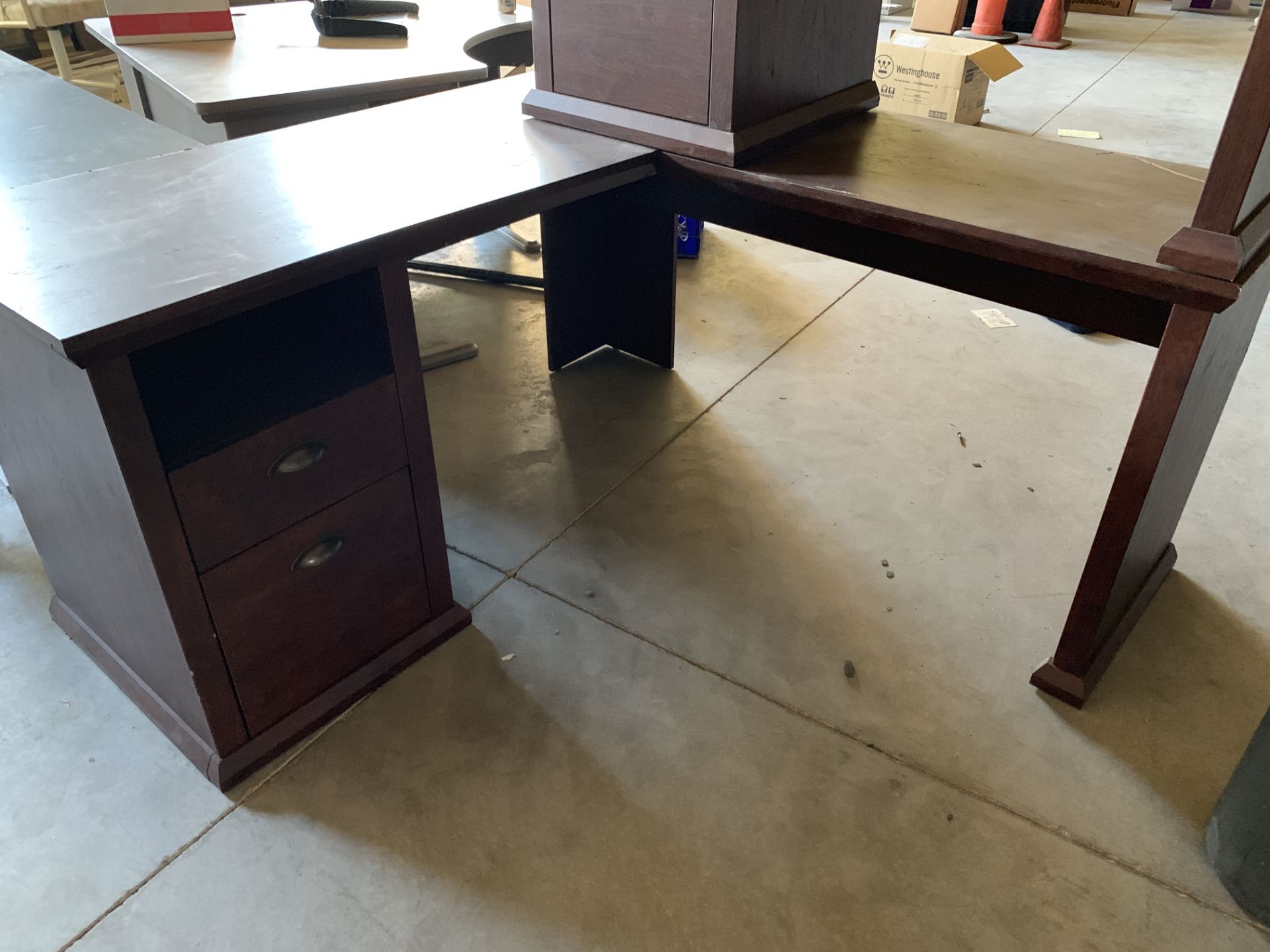 2 Wood Desks (Currently Stacked atop eachother) One L-Shape**If won, available for Las Vegas pick up - Image 3 of 4