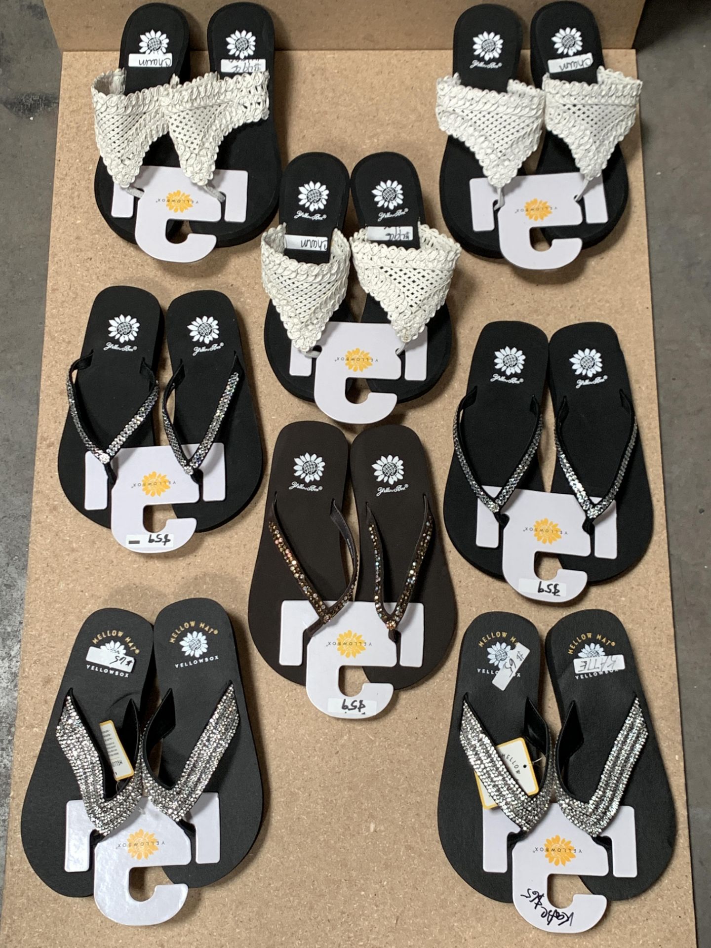 8 Pairs Yellow Box Flip Flop Sandals, New w. Tags, Various Styles and Sizes (Retail $454)