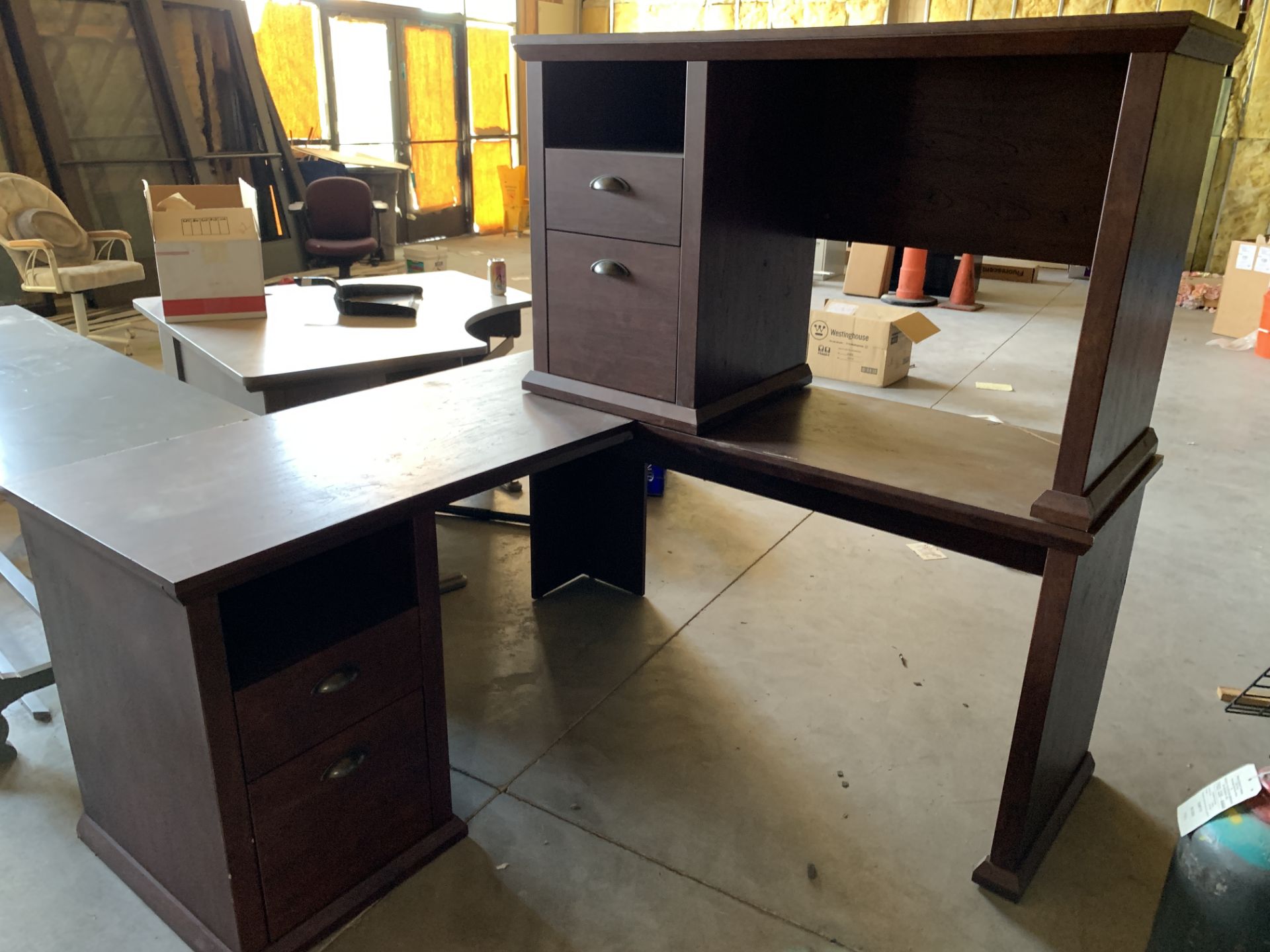 2 Wood Desks (Currently Stacked atop eachother) One L-Shape**If won, available for Las Vegas pick up - Image 4 of 4