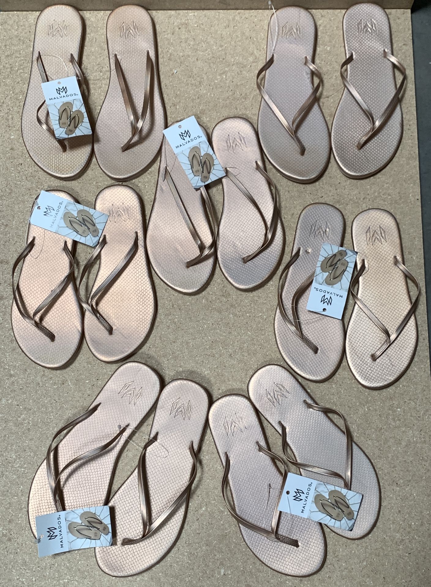 7 Pairs Malvados Flip Flop Sandals, New with Tags, Various Sizes, Lux Reptile Cognac (Value $343)