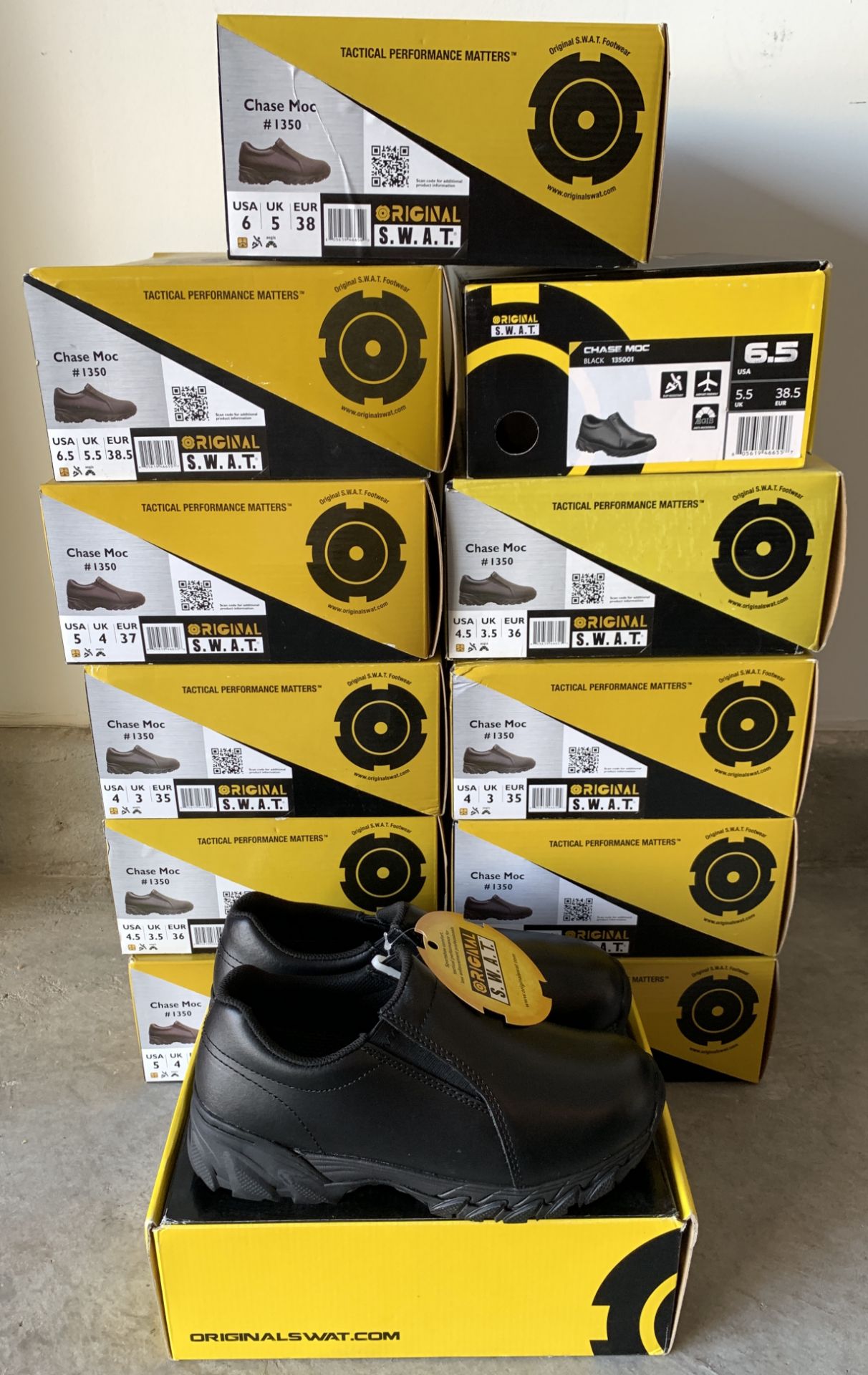 12 Pairs Boys Shoes, Original S.W.A.T Brand, New in Box, Various Sizes, Black
