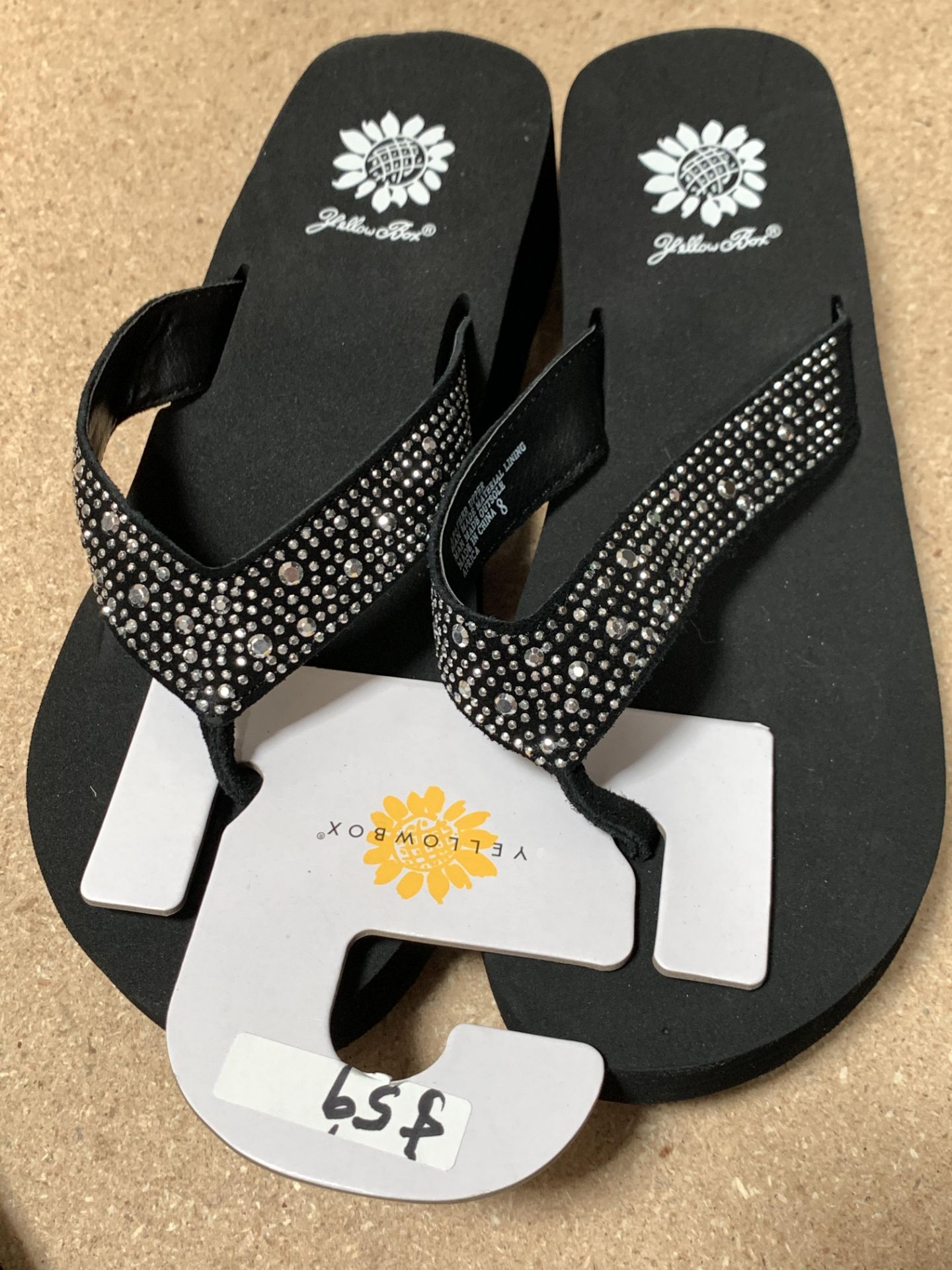 7 Pairs Yellow Box Flip Flop Sandals, Black, Stud Details, New w. Tags, Various Sizes (Retail $413) - Image 3 of 4