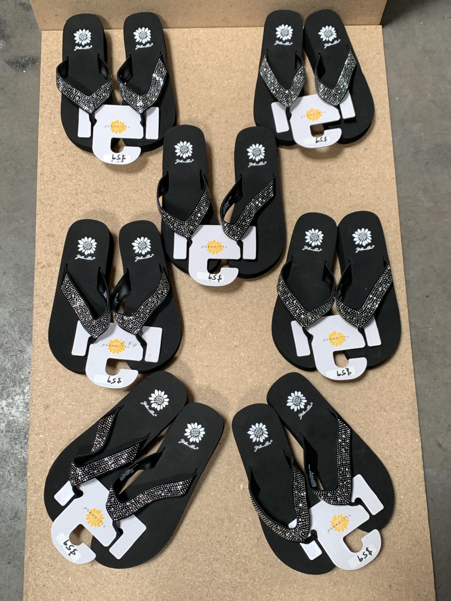 7 Pairs Yellow Box Flip Flop Sandals, Black, Stud Details, New w. Tags, Various Sizes (Retail $413) - Image 2 of 4