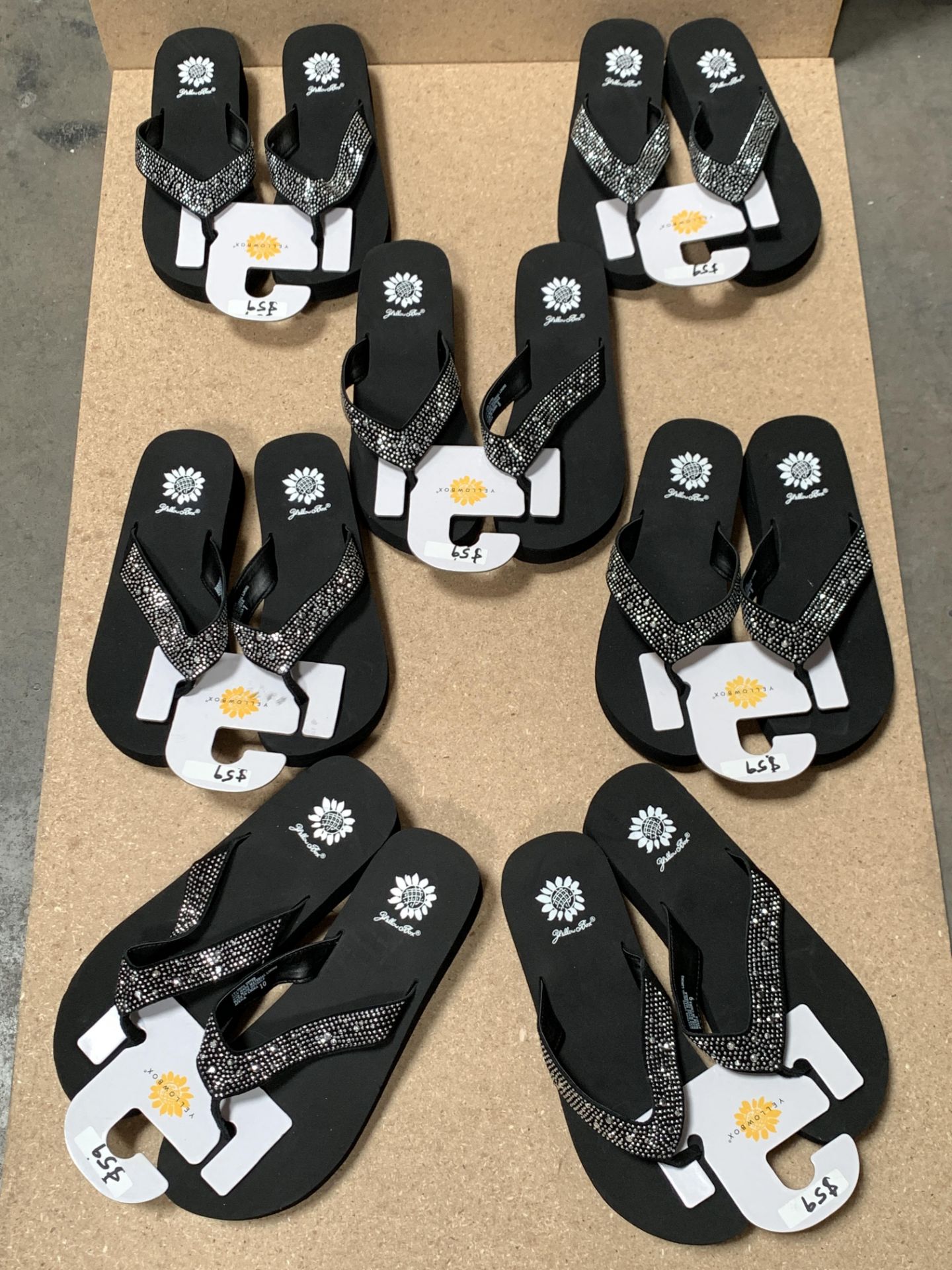 7 Pairs Yellow Box Flip Flop Sandals, Black, Stud Details, New w. Tags, Various Sizes (Retail $413)