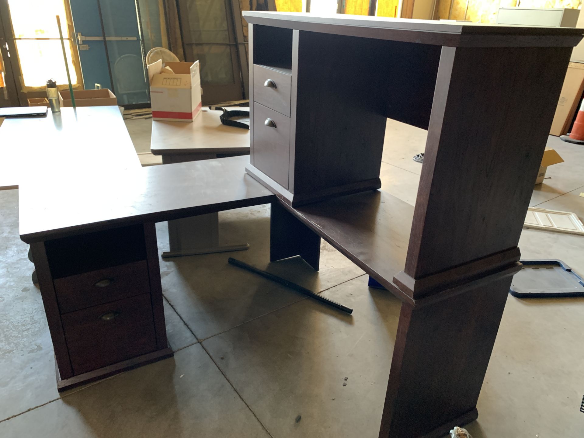 2 Wood Desks (Currently Stacked atop eachother) One L-Shape**If won, available for Las Vegas pick up