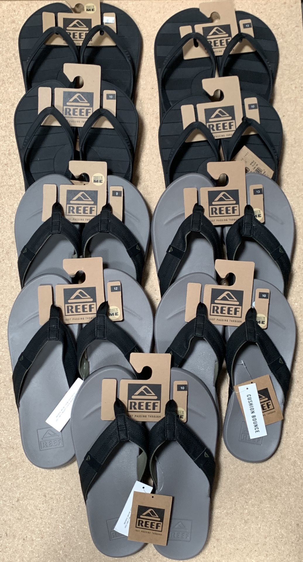 9 Pairs REEF Flip Flop Sandals, Men's, New w. Tags, Various styles and sizes, (Retail $399)