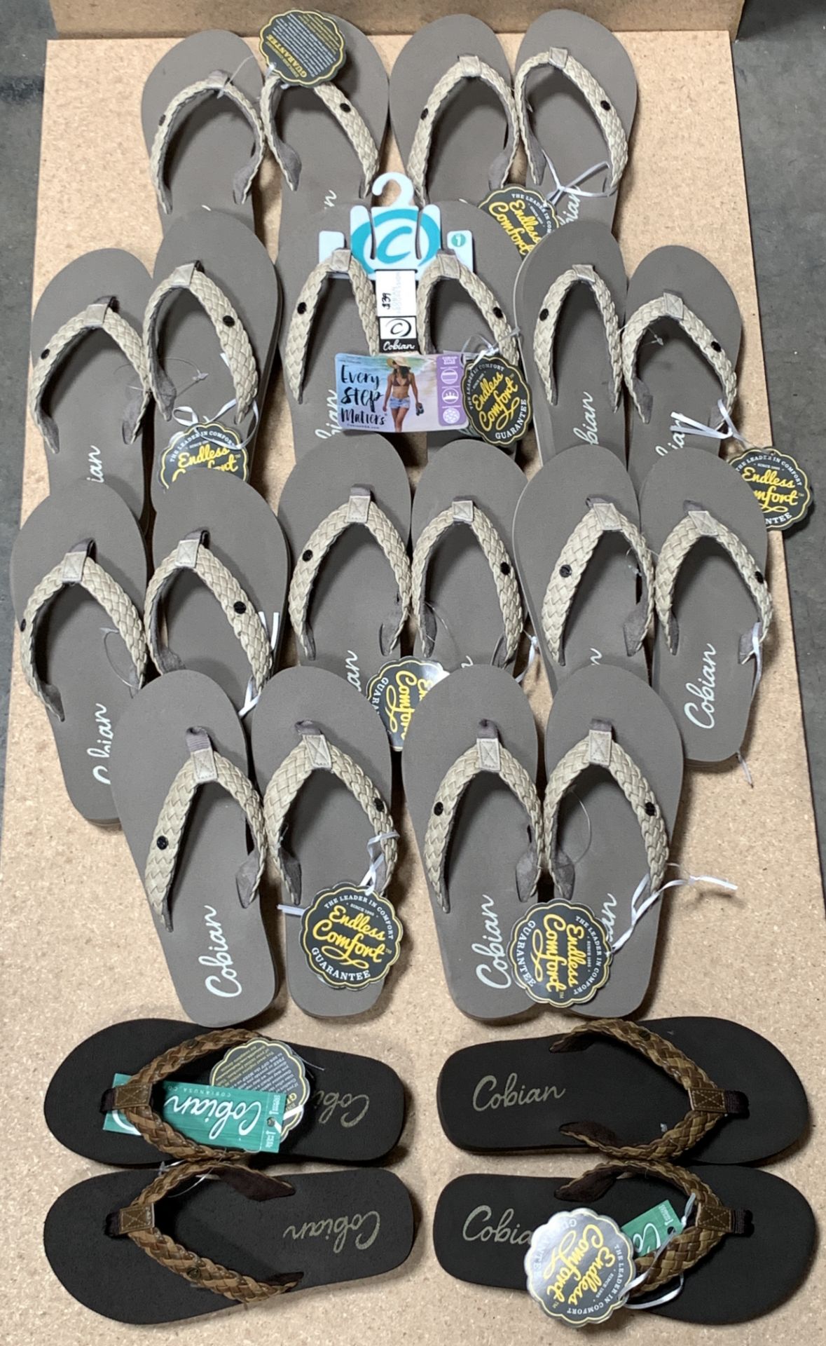 12 Pairs Cobian Flip Flop Sandals, Braided Bounce, New w. Tags, Various Sizes (Retail $468)