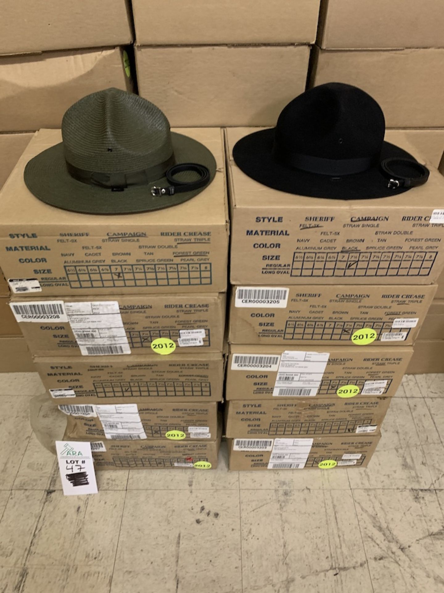 10 Campaign Uniform Hats, 9 The Lawman in Forest Green, 1 Campaign Black Felt Beaver Quality, New