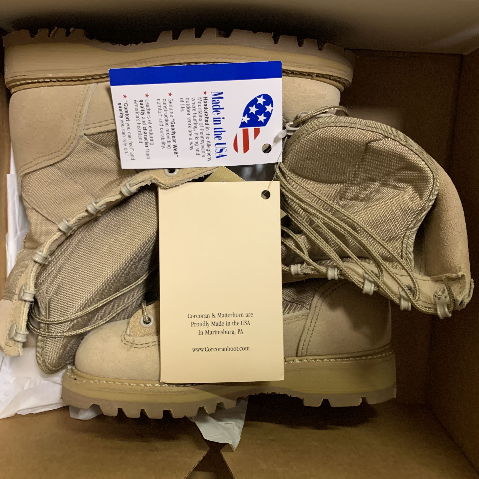 8 Pairs of Corcoran Desert Combat Boots, Tan 4380, Various Sizes, New in Box, Retail $400++ - Image 3 of 3