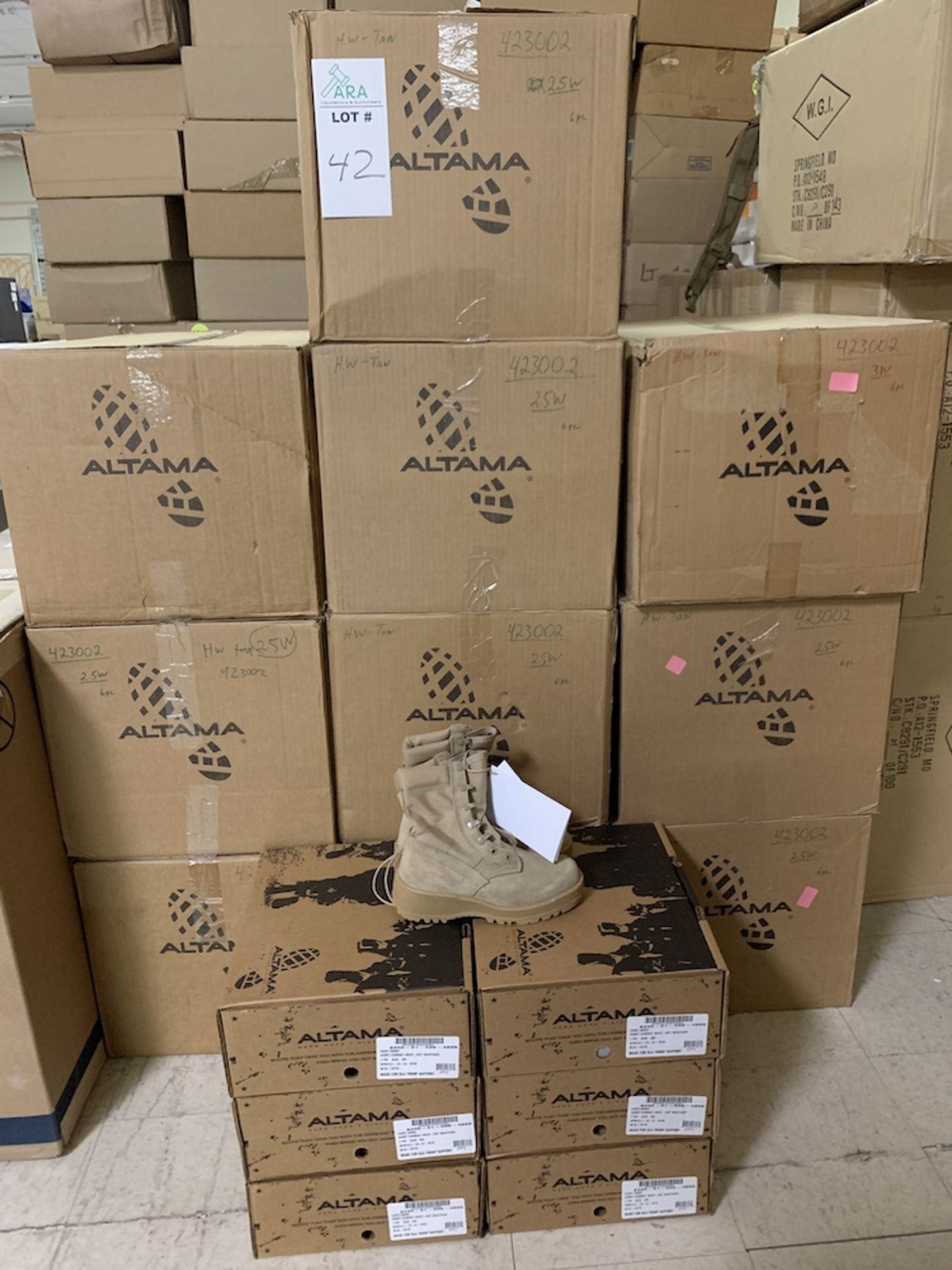 1 Pallet of Altama Army Combat Tan Boots 2B052, 63 Pairs, New in Box, $6,300 Retail. Various Sizes