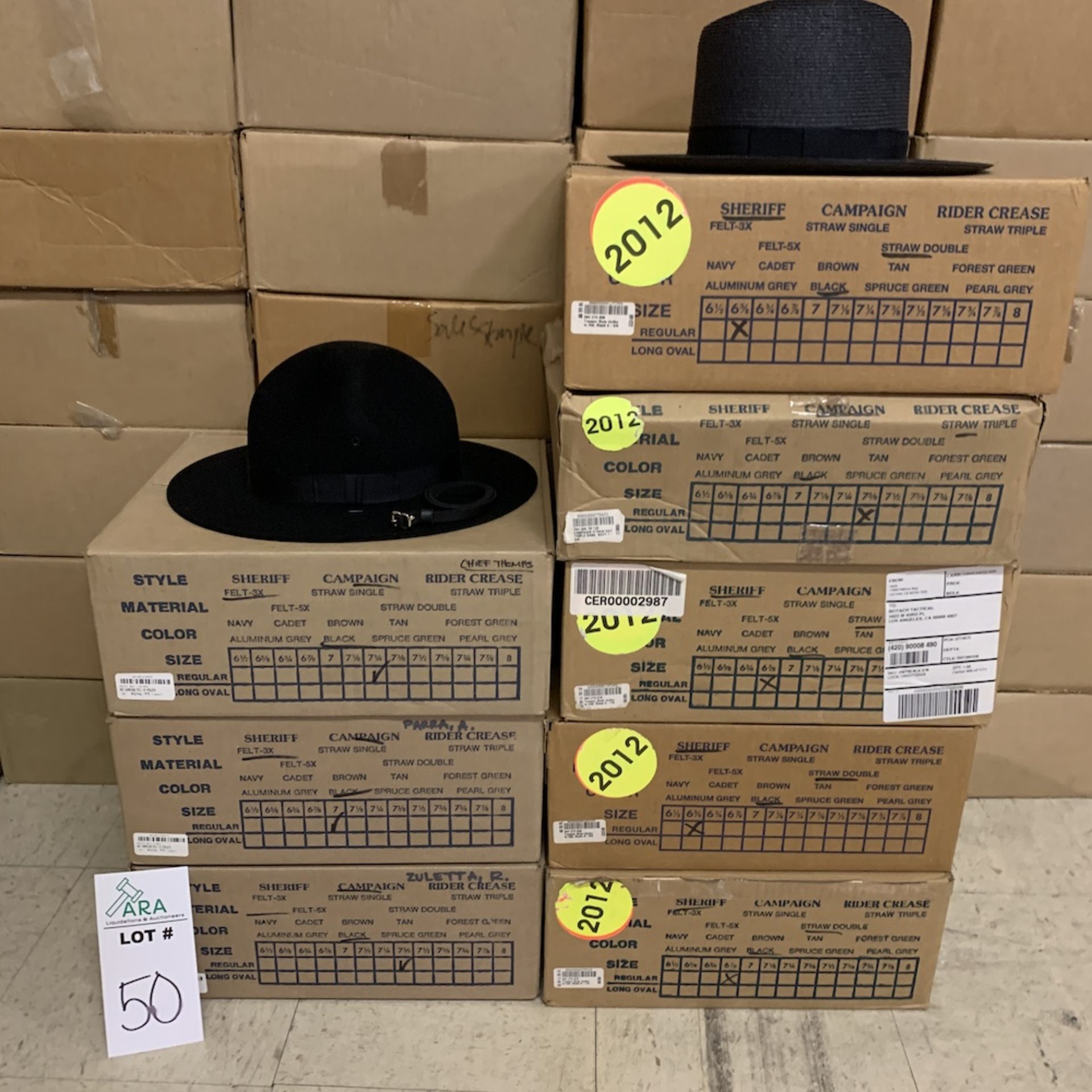 8 Campaign Uniform Hats, Black Straw Double The Lawman, and Flex-3X Beaver Quality, Various Sizes