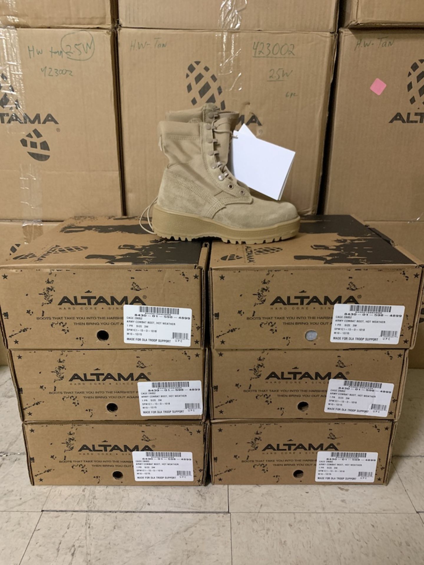 1 Pallet of Altama Army Combat Tan Boots 2B052, 63 Pairs, New in Box, $6,300 Retail. Various Sizes - Image 3 of 4