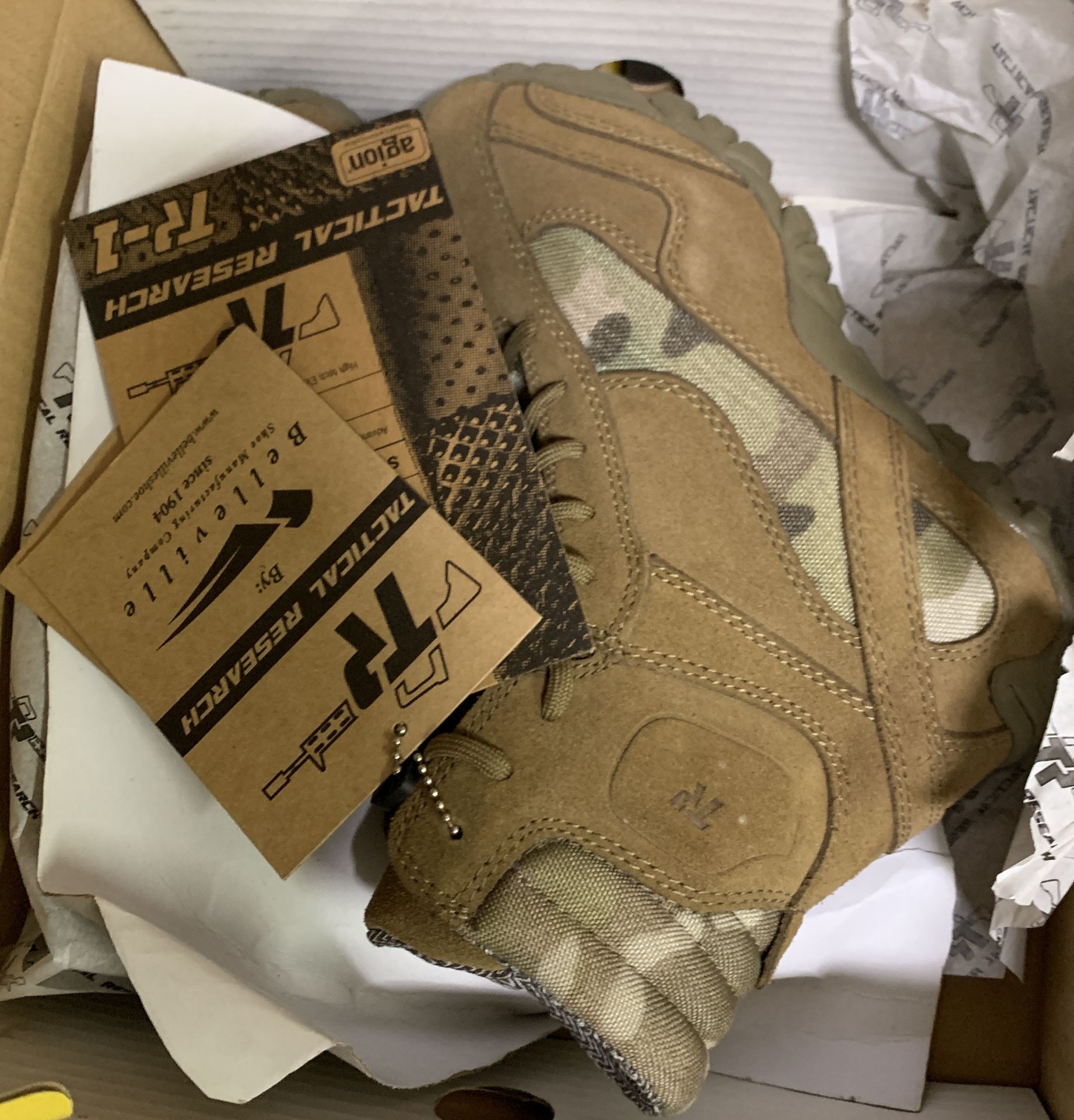 9 Pairs Belleville Tactical Boots TR505 Camo/Tan, Various Sizes, Retail Value $495+ - Image 3 of 3