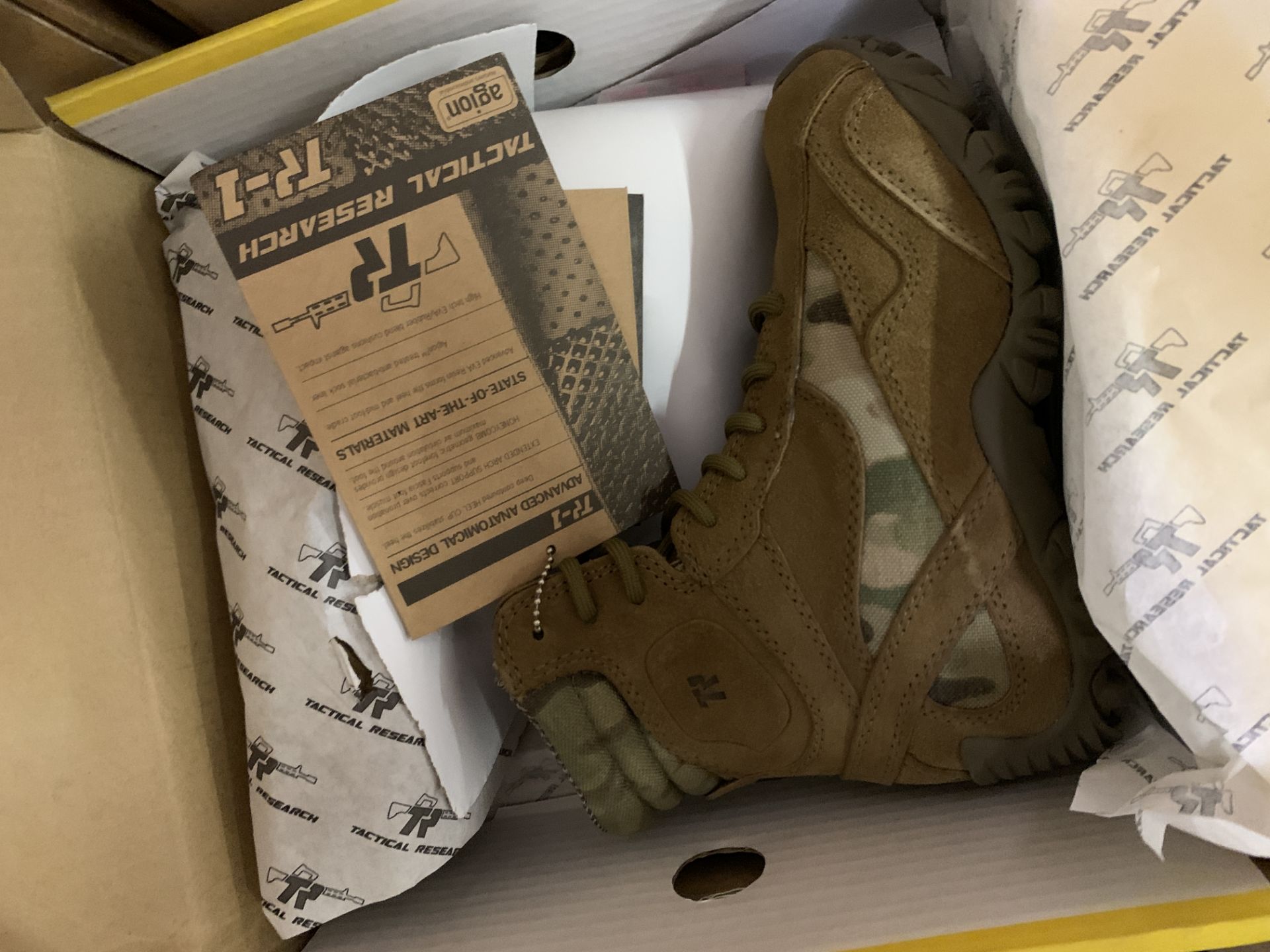 9 Pairs Belleville Tactical Boots TR505 Camo/Tan, Various Sizes, Width R, Retail Value $500 - Image 4 of 4