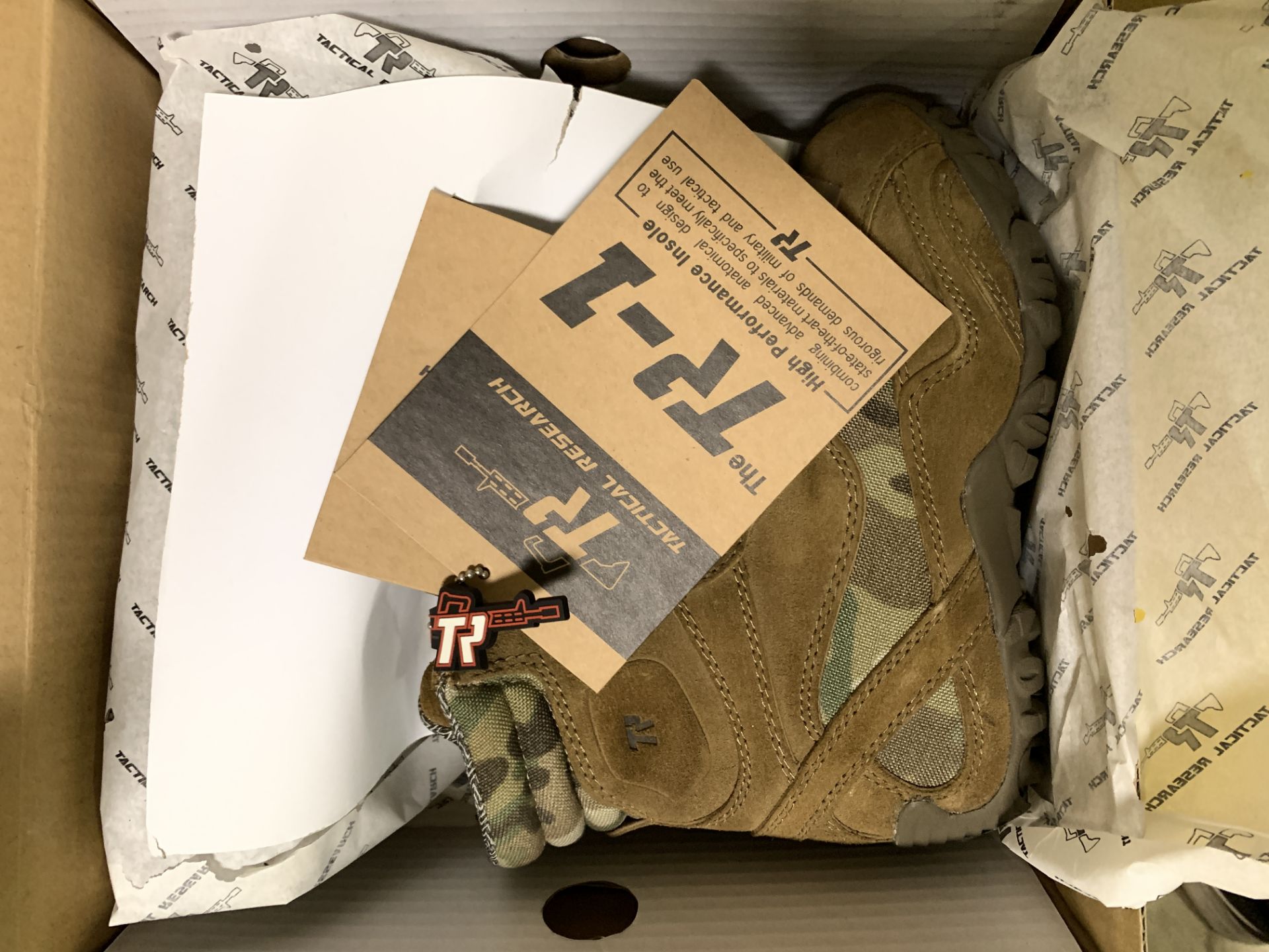 7 Pairs Belleville Tactical Boots TR505 Camo/Tan, Various Sizes, Width W, Retail Value $390 - Image 4 of 4