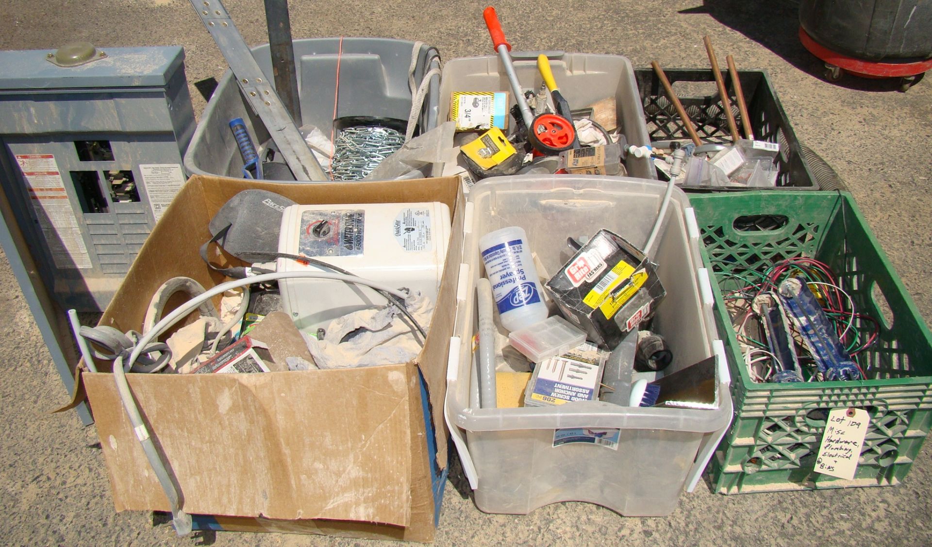 6 Bins of Misc Hardware, Plumbing and Electrical Supplies