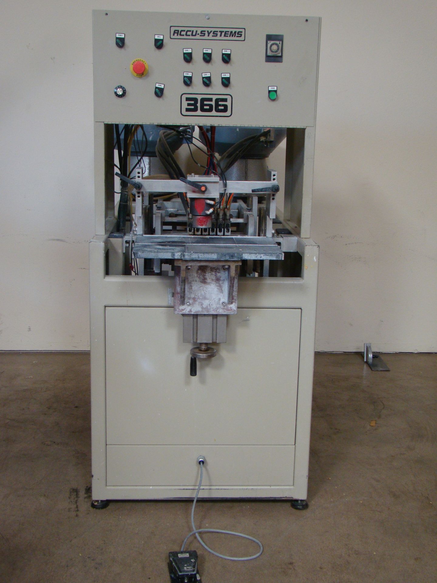 ACCU-Systems 366 Dowel Insertion Machine with Foot Pedal, Vibratory Bowl Feeders, Glue Pot 220