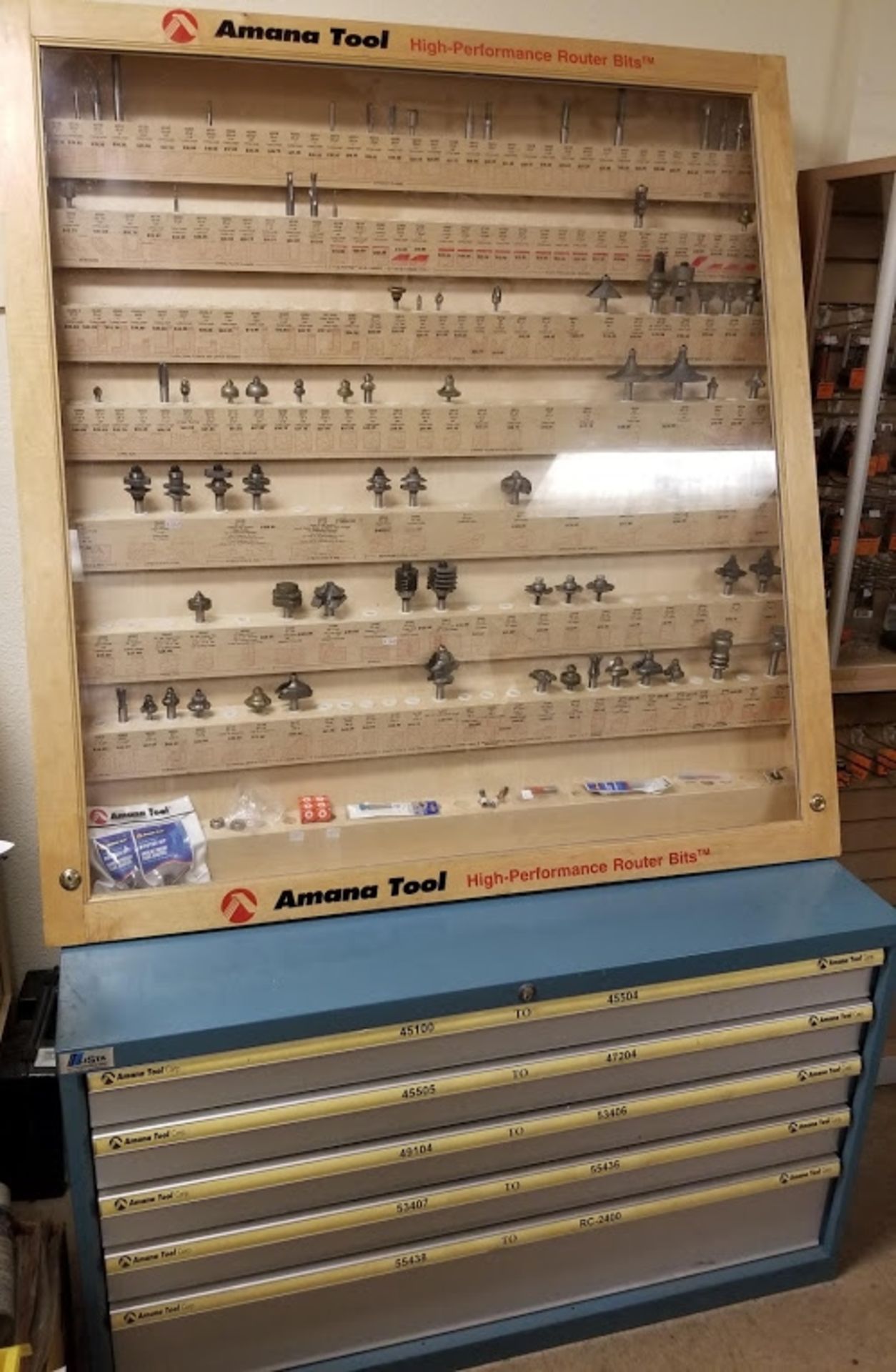 Amana Router Bits, Amana Store Display Case, & Amana Blue Lockible Cabinet with Router Bits - Image 2 of 9