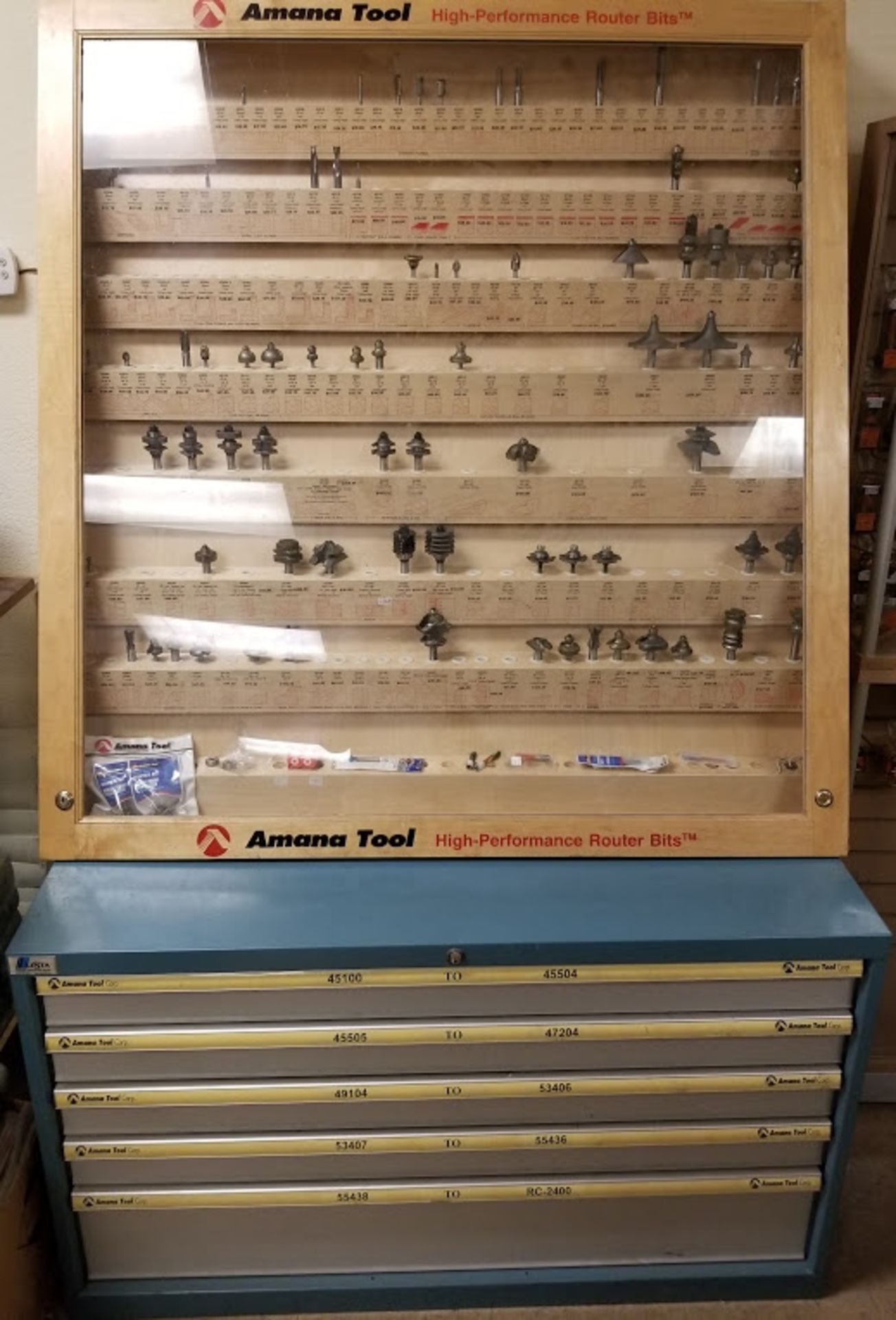 Amana Router Bits, Amana Store Display Case, & Amana Blue Lockible Cabinet with Router Bits