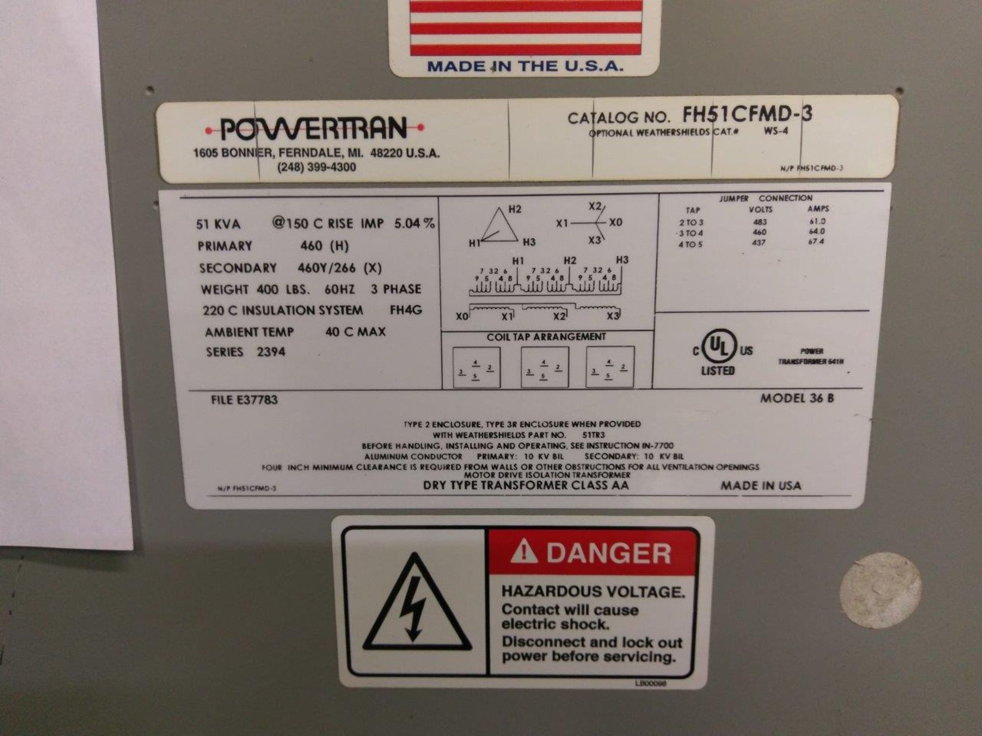 PowerTran 51 KVA Transformer Cat # FH51CFMD-3 - Image 2 of 2