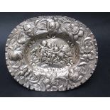 Augsburg silver salver, oval shape with lowered centre and cast, engraved flower decorations in