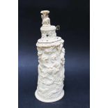 Powder Flask, Cylindrical shape with rich carved exotic and fantastic animals and flowers, the top