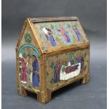 Champleve trunk casket, in medieval style on four feet rectangular shape with peak top lid to be