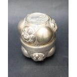 Silver double beaker, round shape with out-bowed circles, partly decorated with fruits and