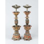 Pair of Chinese Pewter Candle SticksPair of Chinese candlesticks, on hexagonal base with six feets