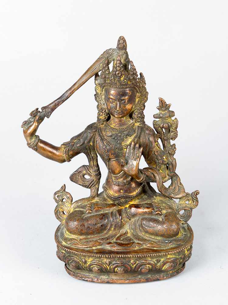 ManjushriManjushri, bronze cast with fine hand finish and engravings light brown patina with sword