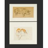 James Ward (1769-1859), Lot of two drawings with a pig and three dogs black chalk and water colour