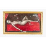 Monogrammist A.M., 20.th Century Monogrammist A.M, female nude with masks cat and a viewer on red