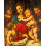 Bernardo Luini (1482-1532)-school, Maria with Jesus, childs and angel preparing the bedstaed, in