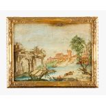 Arte povera painting Arte povera painting, landscape with monument and ferry laquer on wooden