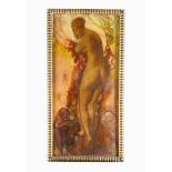 Symbolist around 1920Symbolist around 1920, nude woman with birds and monkeys oil on wood framed,