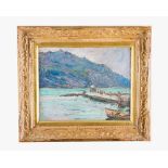 Unknown Artist 20.th century Unknown artist 20.th century, lake side harbour oil on cardboard signed